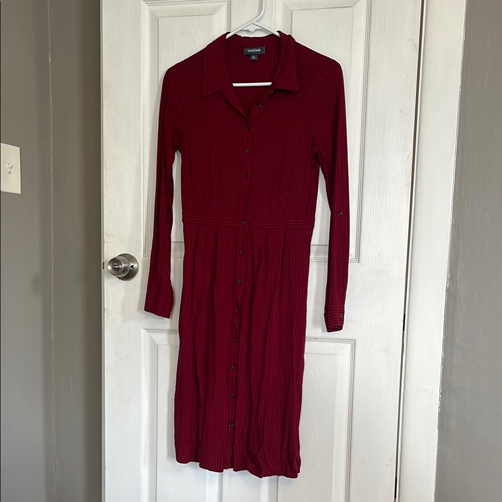 Modcloth Red Long Sleeve Notched Collar Dress